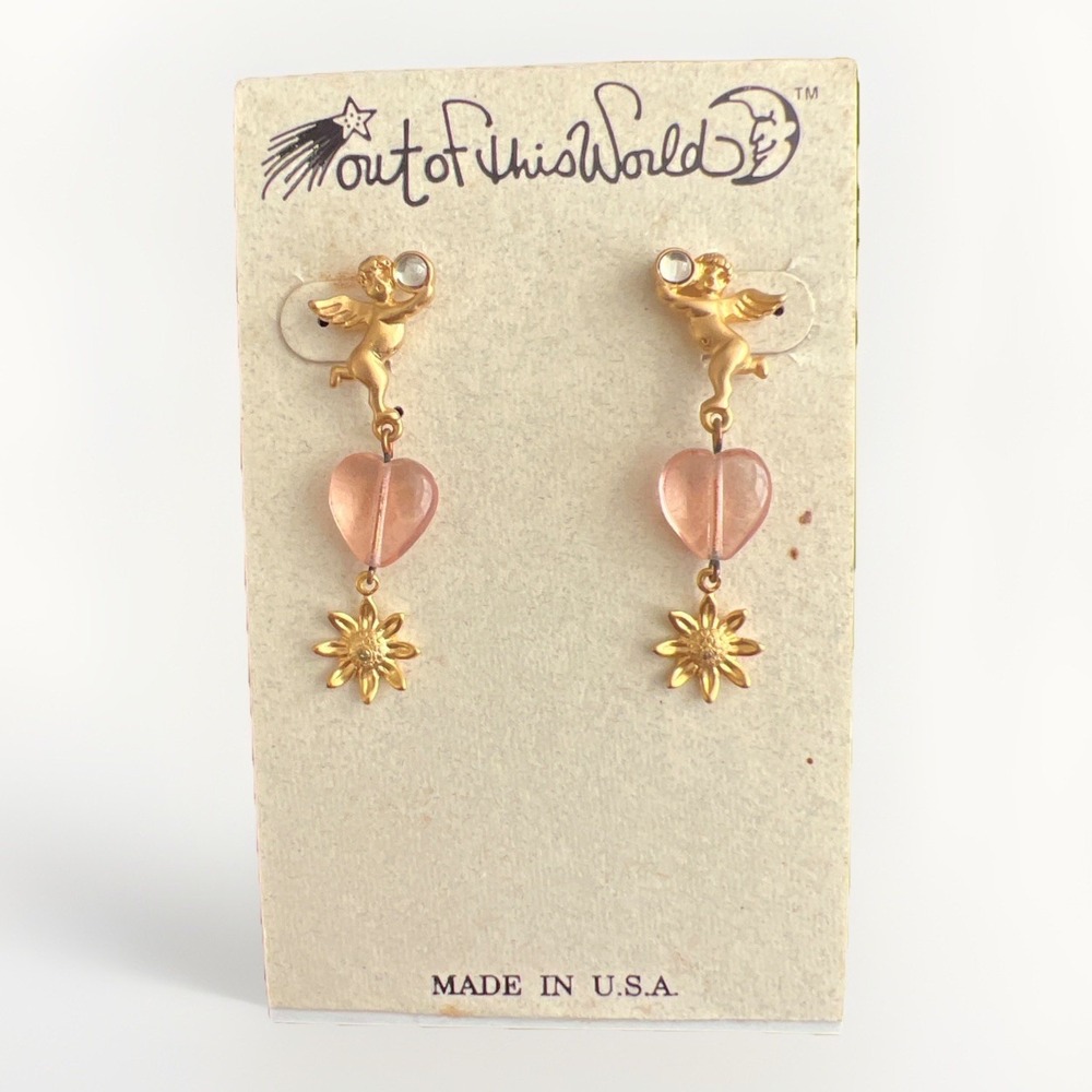 Heart Cherub Flower Dangle Earrings Gold Pink Post Vintage USA Out Of This World